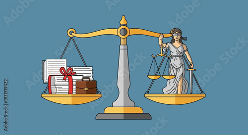 Conceptual law and justice illustration featuring lady justice and scales of justice