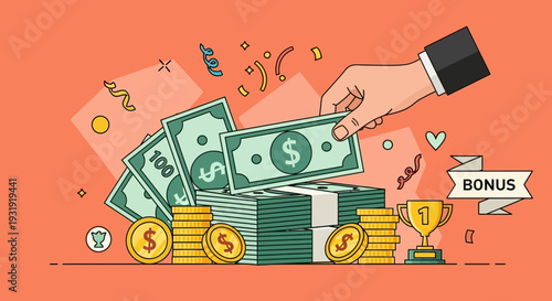 Financial success illustration with money hand bonus and trophy celebration concept