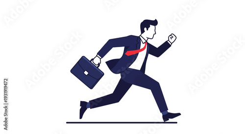 Dynamic businessman running with briefcase in suit illustrating business urgency