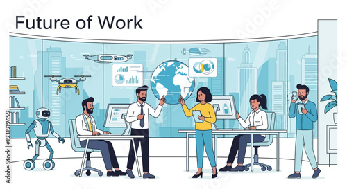 The Future of Work Depicts a Collaborative Team in a Technology Driven Workplace Environment