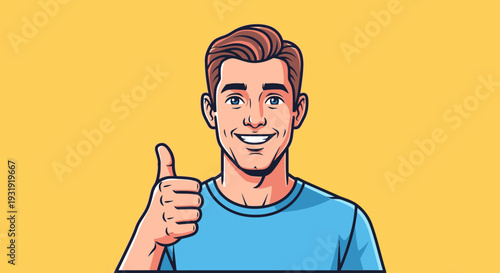 Cartoon man giving thumbs up with a smiling expression and positive attitude on solid background
