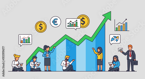 Business Team Analyzing Financial Growth Chart with Currency Symbols and Statistics Icons