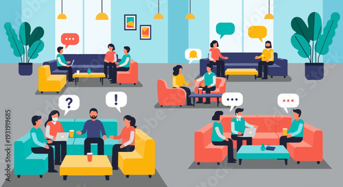 Diverse professionals connecting and collaborating in a modern co-working space environment