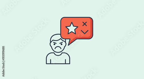 Frustrated man with performance review speech bubble expressing negative feedback and