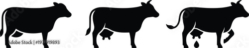 Three Cow Silhouettes Showing Udder and Milk Drop Black Livestock Vector Illustration Isolated for Dairy Farming and Agriculture Design