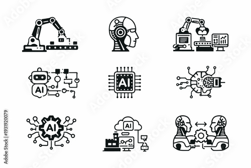 Illustrations depicting various aspects of modern industrial and digital automation