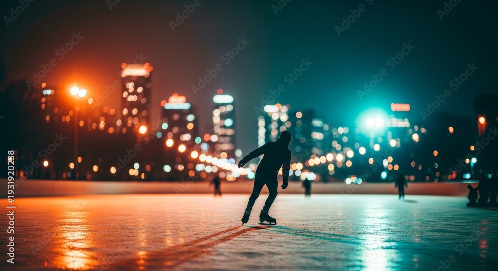 Fototapeta premium Lone skater silhouette glides on an outdoor ice rink at night with colorful city lights and bokeh skyline. Winter leisure, urban atmosphere, motion and freedom concept. Generative AI.