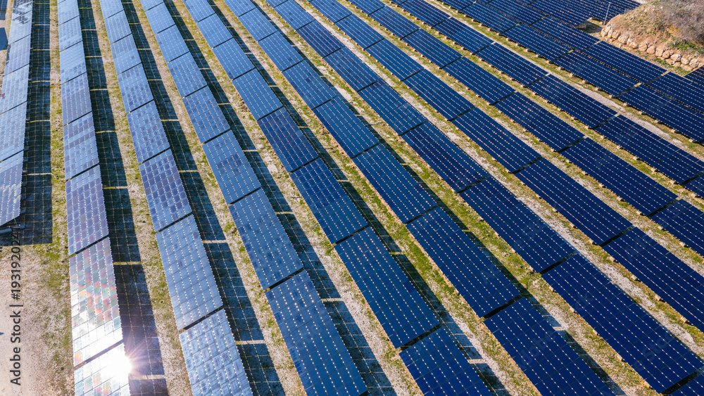 Obraz premium Sunlight reflecting off solar panels and an aerial view of a modern energy farm. Sustainable energy and technology concept.