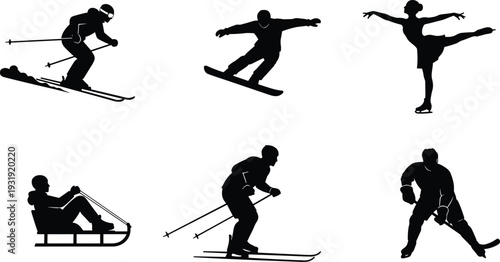 Winter Sports Silhouettes Set Including Skiing Snowboarding Figure Skating Sledding and Ice Hockey Players Vector Illustration Isolated on White Background