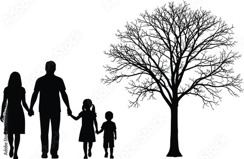 Silhouette of family with children standing beside large leafless tree, black and white vector illustration symbolizing unity, nature, seasons, and family life concepts