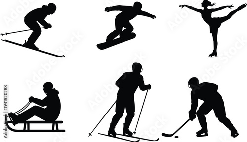 Winter Sport Silhouettes Collection Featuring Skiing Snowboarding Figure Skating Sledding and Ice Hockey Players Isolated on White Background