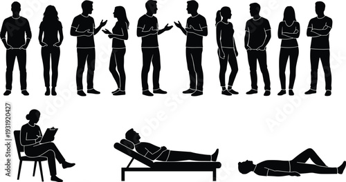 Human Silhouette Set with Standing People, Conversation Poses, Sitting Woman, Therapy Couch and Lying Figure Isolated Vector Collection