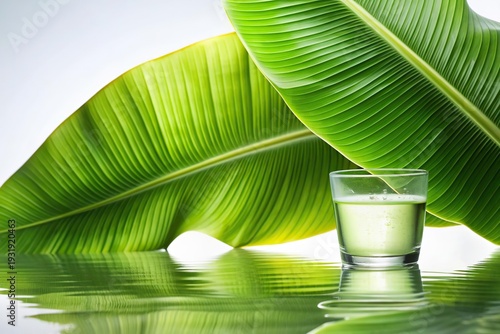 Close-up View of Banana Leaves With Glass of Water Reflecting in Rippled Surface