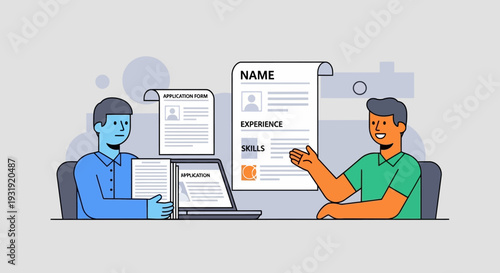 Job interview illustration depicting resume review and application form discussion between