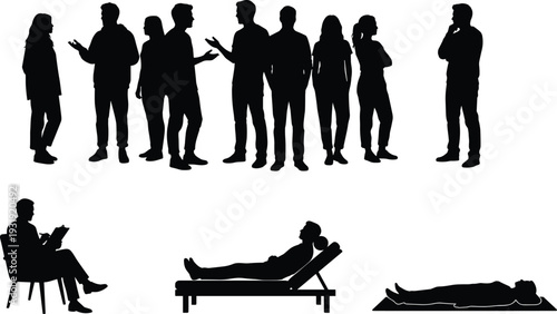 People Silhouettes Collection with Business Group Discussion, Sitting Therapist, Patient on Couch and Lying Figure Isolated Vector Set