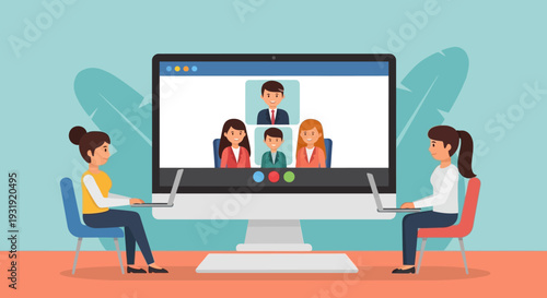 Illustration of remote meeting with online connection for communication and collaboration with