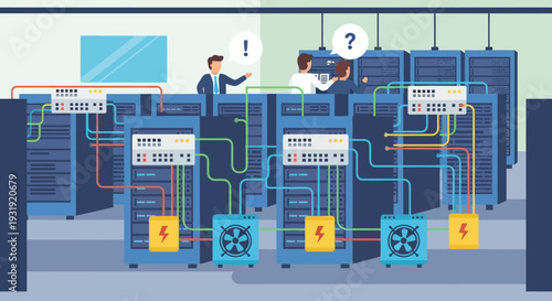 Illustration of data center with server racks and network infrastructure management team