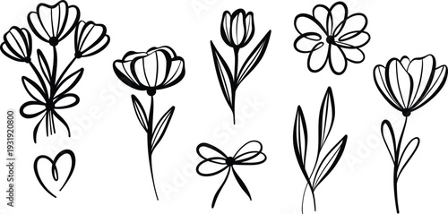 Spring ink flower vector line art doodles, plant clip art illustration