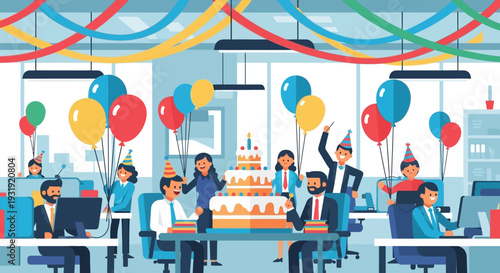 Celebration and teamwork: Office birthday party with balloons and decorations and cake