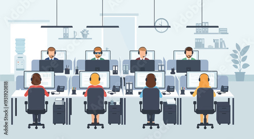 Illustrative depiction of a call center environment with agents working at desks attentively