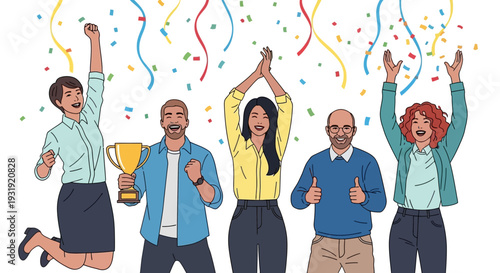 Diverse team celebrating a victory with confetti and a trophy in a joyful atmosphere