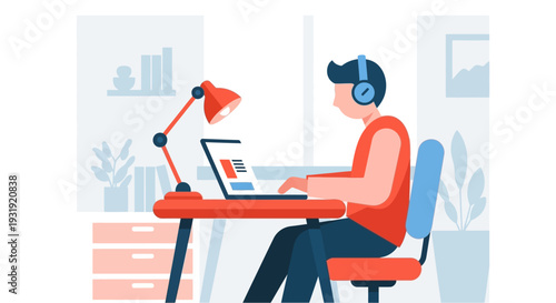 Illustration of a focused man working on a laptop at a desk in a modern office setting