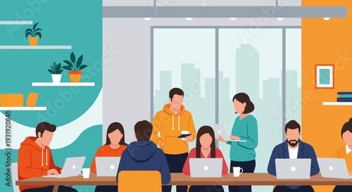 Diverse group of young professionals working collaboratively in a modern office space