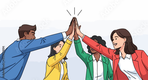 Diverse team celebrating success with a high five symbolizing collaboration and achievement in