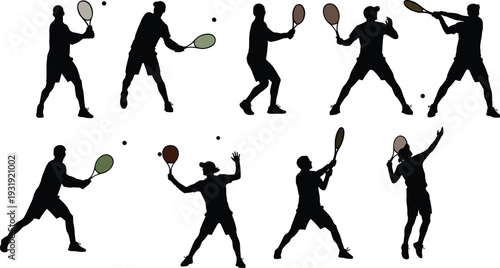 Tennis player silhouettes, dynamic action poses, racket and ball, serving, swinging, hitting, sports illustration, athletic design, competition, game concept