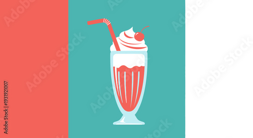 Retro milkshake illustration with cherry and whipped cream evokes a nostalgic vibe