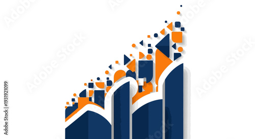 Abstract upward trending graph with dark blue and orange geometric shapes. This vector illustration depicts growth and progress with a dynamic, modern design.