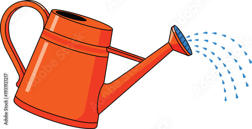 Orange watering can pouring blue water droplets on a white background