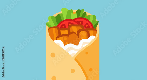 Delicious chicken shawarma wrap with fresh vegetables vector illustration design