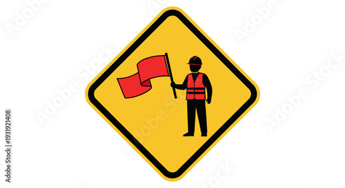 Yellow warning sign with flagman directing traffic or construction.