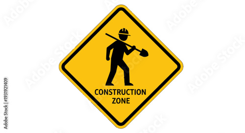Yellow diamond shaped construction zone warning sign with worker icon.