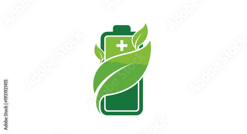 Green energy battery icon with leaves and plus sign.
