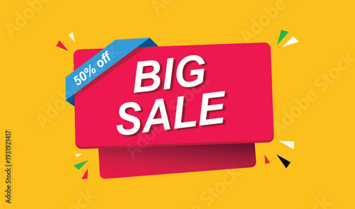 Big sale announcement with fifty percent off discount banner and confetti