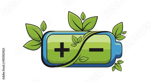 Eco-friendly battery with green leaves symbolizing sustainable energy and environmental conservation.