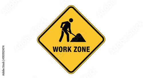 Yellow diamond-shaped road sign indicating a work zone with a worker shoveling.