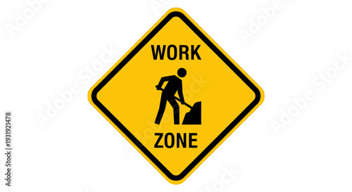 Yellow diamond shaped work zone road sign with worker icon.