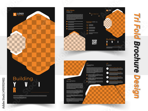 Modern Dark Construction Tri-Fold Brochure Template with Geometric Layout, Bold Construction Company Tri-Fold Brochure Design Template