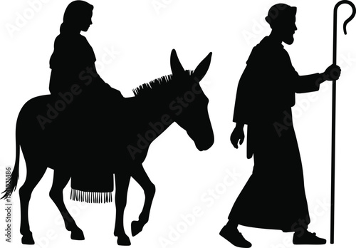 Biblical silhouette, Mary and Joseph journey, donkey rider, nativity artwork, Christmas story, holy family, faith tradition, religious illustration, cultural icon, spirituality