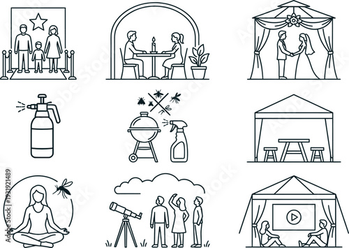 Summer outdoor activities and mosquito protection icons