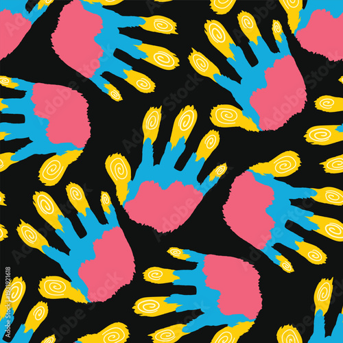 Colorful handprints seamless pattern on black background. Template for Pattern, Banner, Gift wrapping paper, and etc.