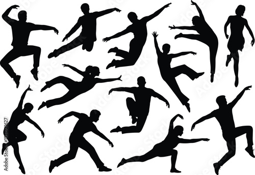 Dance silhouettes, athletic poses, dynamic movement, jumping figures, leaping illustration, expressive posture, fitness artwork, human motion, vector design, creative scene