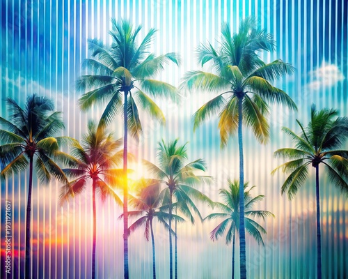 Bright White Minimalistic Backdrop With Reeded Glass and Blurred Palm Trees Creating a Kaleidoscopic Tropical Vibe