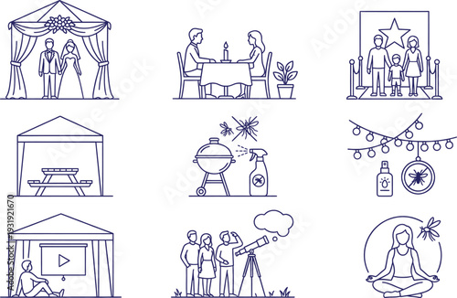 Outdoor recreation and social gathering icons with insect repellent