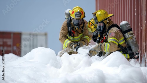 Medium shot of firefighters deploying foam fire suppression agents on a chemical spill fire to smother flames and prevent reignition.