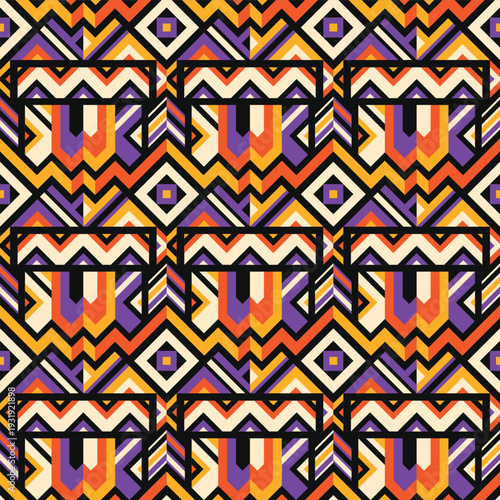 Vibrant African Tribal Geometric Seamless Pattern. Template for Pattern, Banner, Gift wrapping paper, and etc.
