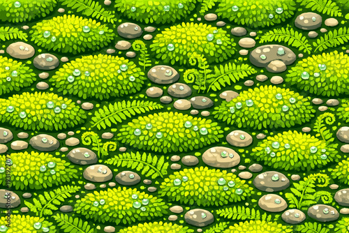 Lush greenery with ferns and stones covers the ground under bright light in a natural setting